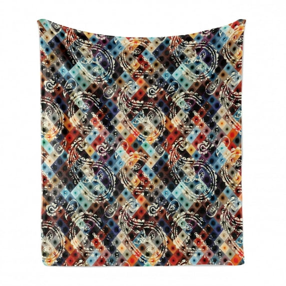 Modern Soft Flannel Fleece Throw Blanket, Geometric Retro Design Background with Paisley Spots Like Artwork Print, Cozy Plush for Indoor and Outdoor Use, 50" x 70", Multicolor, by Ambesonne