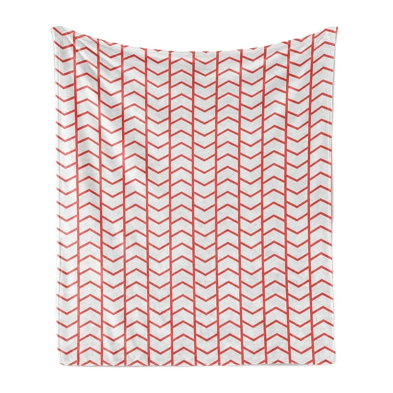 Modern Soft Flannel Fleece Throw Blanket, Geometrical Chevron Lines and Triangle Shaped Border Seem Artwork Image, Cozy Plush for Indoor and Outdoor Use, 50" x 70", Dark Coral and White, by Ambesonne