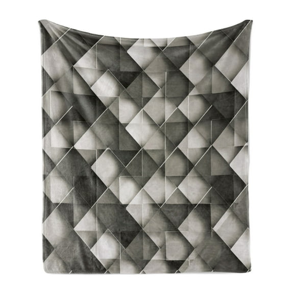 Modern Soft Flannel Fleece Throw Blanket, Geometrical Design with Grey Ombre Colored Squares Print, Cozy Plush for Indoor and Outdoor Use, 70" x 90", Charcoal Grey White, by Ambesonne