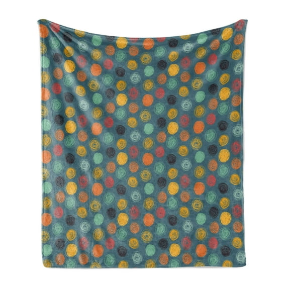Modern Soft Flannel Fleece Throw Blanket, Geometrical Sketchy Abstract Image with Colorful Circles on Jade Green Backdrop, Cozy Plush for Indoor and Outdoor Use, 50" x 60", Multicolor, by Ambesonne