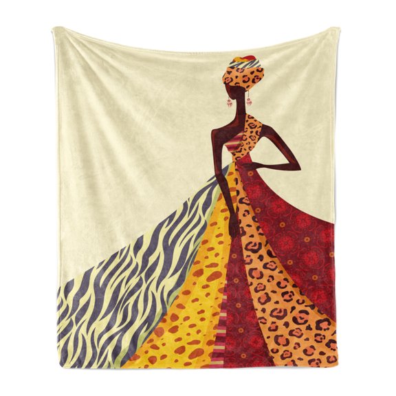 Modern Soft Flannel Fleece Throw Blanket, Girl Posing with a Dress of Different Design Patterned Image Print, Cozy Plush for Indoor and Outdoor Use, 50" x 60", Multicolor, by Ambesonne