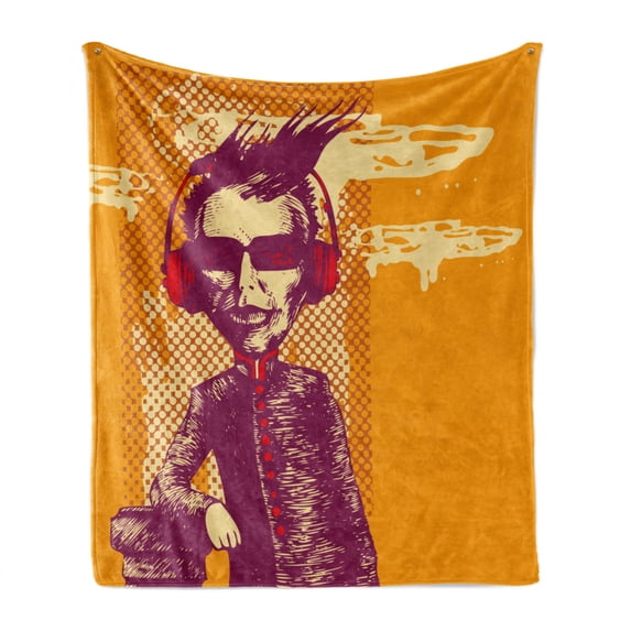 Modern Soft Flannel Fleece Throw Blanket, Grotesque Man in Headphones Listening Music Culture with Grunge Illustration, Cozy Plush for Indoor and Outdoor Use, 50" x 60", Marigold Maroon, by Ambesonne
