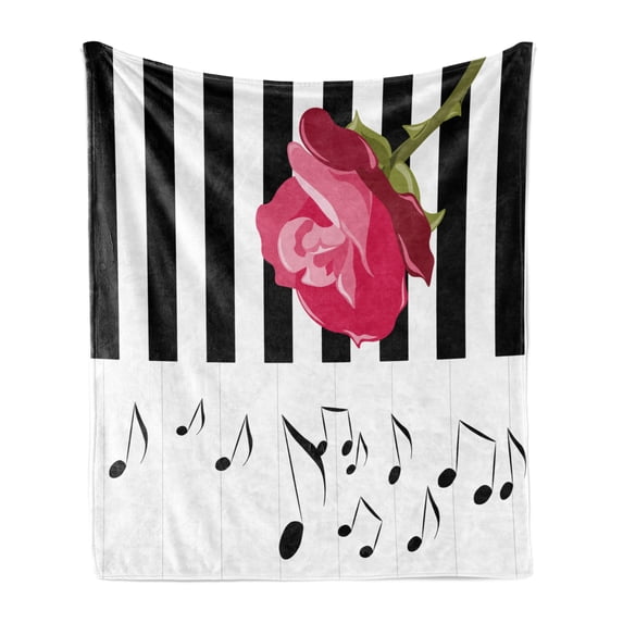 Modern Soft Flannel Fleece Throw Blanket, Hand Drawn Red Rose on Piano with Musical Notes Romantic Instrumental Art, Cozy Plush for Indoor and Outdoor Use, 60" x 80", Pink Black White, by Ambesonne