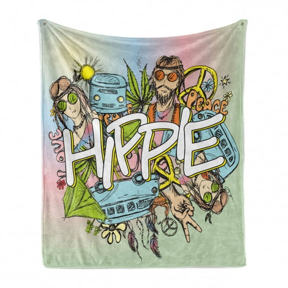Modern Soft Flannel Fleece Throw Blanket, Hippie Life with Man and Woman Peace Pacifism Liberal Sketch Illustration, Cozy Plush for Indoor and Outdoor Use, 50" x 70", Multicolor, by Ambesonne