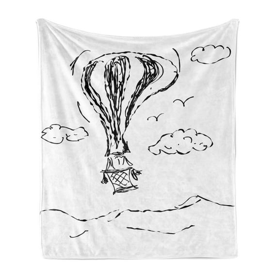 Modern Soft Flannel Fleece Throw Blanket, Hot Air Balloon Sketch in the Clouds Murky Air Journey Picture, Cozy Plush for Indoor and Outdoor Use, 50" x 60", Charcoal Grey White, by Ambesonne