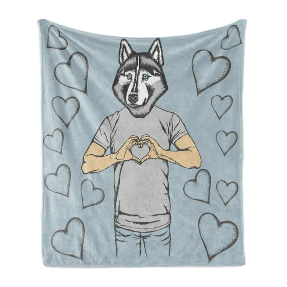 Modern Soft Flannel Fleece Throw Blanket, Husky Dog Faced Man at Valentines with Hearts Romantic Love Display, Cozy Plush for Indoor and Outdoor Use, 70" x 90", Sand Brown Slate Blue, by Ambesonne