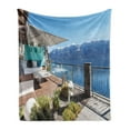 thumbnail image 1 of Modern Soft Flannel Fleece Throw Blanket, Lake View with Snowy Peak Mountain and Ocean Seascape Balcony House Image, Cozy Plush for Indoor and Outdoor Use, 70" x 90", Sky Blue and Brown, by Ambesonne, 1 of 6