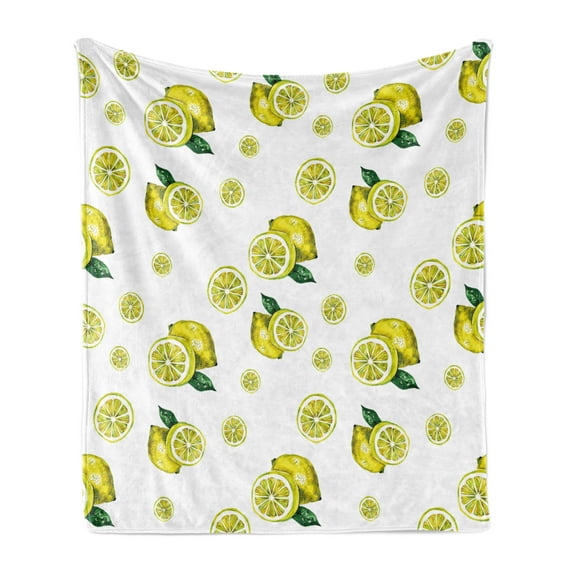 Modern Soft Flannel Fleece Throw Blanket, Lemon with Slices and Leaves Summer Season Fresh Fruit Watercolor, Cozy Plush for Indoor and Outdoor Use, 60" x 80", Yellow Hunter Green, by Ambesonne