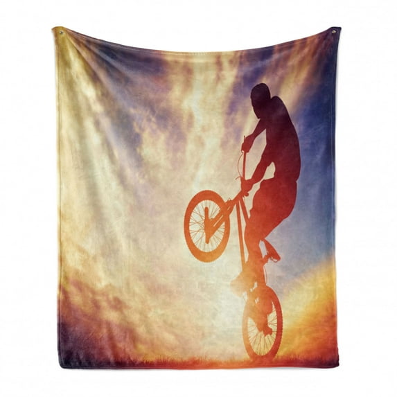 Modern Soft Flannel Fleece Throw Blanket, Man on the Bike Performing Silhouette Under Hazy Sunlights Hobby Image Print, Cozy Plush for Indoor and Outdoor Use, 50" x 70", Multicolor, by Ambesonne