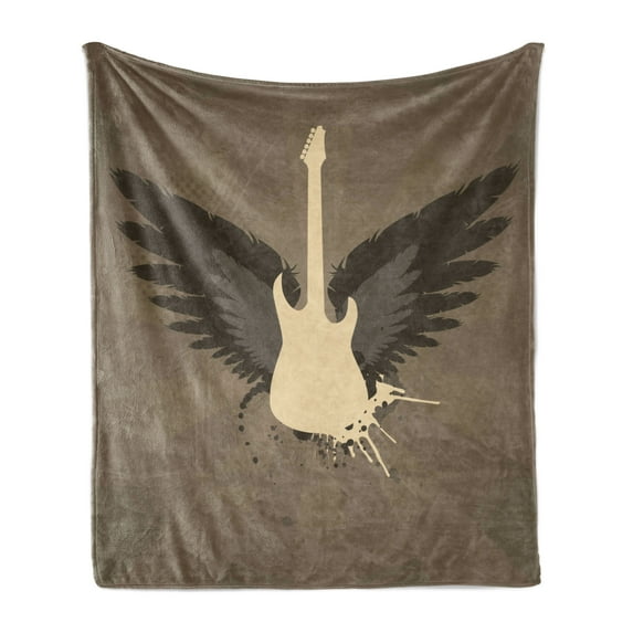 Modern Soft Flannel Fleece Throw Blanket, Music Theme Rock Talent Wings Guitar Instrument Art Print, Cozy Plush for Indoor and Outdoor Use, 50" x 70", Charcoal Grey Mustard, by Ambesonne