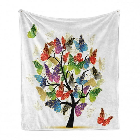Modern Soft Flannel Fleece Throw Blanket, Nature Tree with Floral Butterflies Leaves Vivid Vibrant Artwork Print, Cozy Plush for Indoor and Outdoor Use, 70" x 90", Multicolor, by Ambesonne