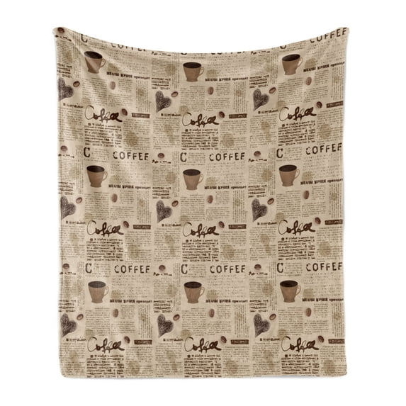 Modern Soft Flannel Fleece Throw Blanket, Newspaper Nostalgic Background with Coffee Cups and Writing Art Print, Cozy Plush for Indoor and Outdoor Use, 60" x 80", Sand Brown and Umber, by Ambesonne