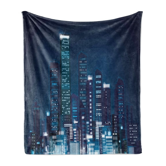 Modern Soft Flannel Fleece Throw Blanket, Night View of Metropolis City with High Skyscrapers Downtown Business Center Image, Cozy Plush for Indoor and Outdoor Use, 50" x 60", Dark Blue, by Ambesonne