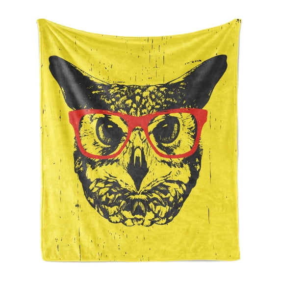 Modern Soft Flannel Fleece Throw Blanket, Owl with Glasses Portrait Hipster Nocturnal Animal Grunge Humor Graphic, Cozy Plush for Indoor and Outdoor Use, 70" x 90", Dark Grey Yellow Red, by Ambesonne