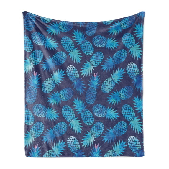 Modern Soft Flannel Fleece Throw Blanket, Pineapple Pattern Exotic Fruit in Digital Watercolor Illustration, Cozy Plush for Indoor and Outdoor Use, 50" x 70", Night Blue Turquoise, by Ambesonne