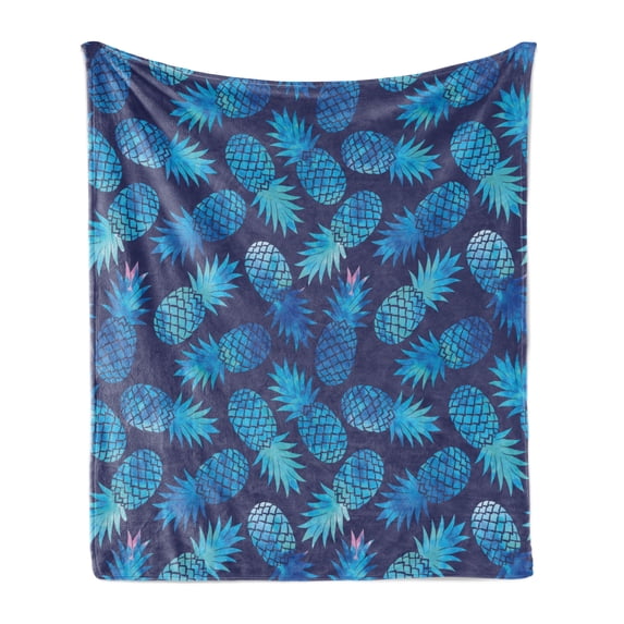 Modern Soft Flannel Fleece Throw Blanket, Pineapple Pattern Exotic Fruit in Digital Watercolor Illustration, Cozy Plush for Indoor and Outdoor Use, 70" x 90", Night Blue Turquoise, by Ambesonne