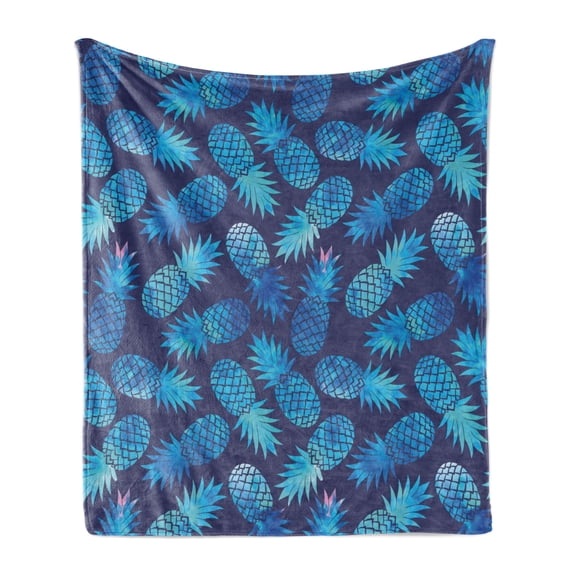 Modern Soft Flannel Fleece Throw Blanket, Pineapple Pattern Exotic Fruit in Digital Watercolor Illustration, Cozy Plush for Indoor and Outdoor Use, 70" x 90", Night Blue Turquoise, by Ambesonne