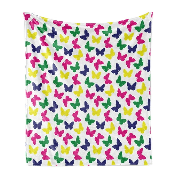Modern Soft Flannel Fleece Throw Blanket, Rainbow Colorful Butterfly Romantic Kids Children Artwork, Cozy Plush for Indoor and Outdoor Use, 60" x 80", Dark Blue Yellow, by Ambesonne