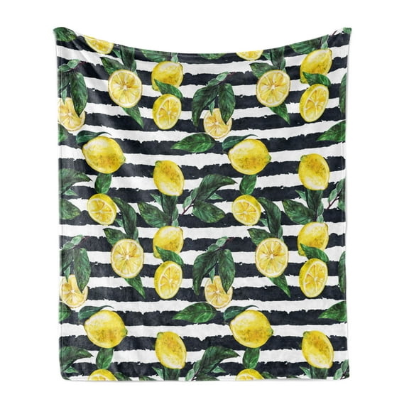 Modern Soft Flannel Fleece Throw Blanket, Refreshing Lemons on Horizontal Striped Background Exotic Artwork, Cozy Plush for Indoor and Outdoor Use, 50" x 60", Hunter Green Indigo, by Ambesonne