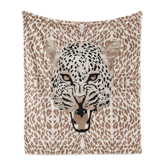Modern Soft Flannel Fleece Throw Blanket, Roaring Leopard Portrait with Rosettes Wild Animal Big Cat Graphic, Cozy Plush for Indoor and Outdoor Use, 50" x 70", Cocoa Beige Black, by Ambesonne