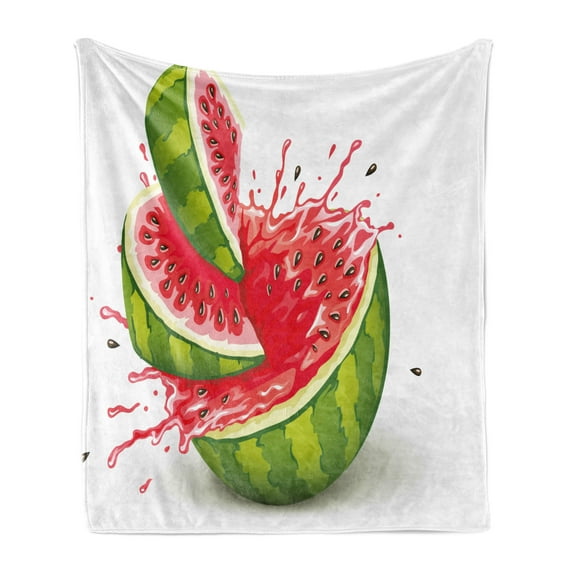 Modern Soft Flannel Fleece Throw Blanket, Summer Fruit Ripe Watermelon Cuts Splashes of Juice Drops Print, Cozy Plush for Indoor and Outdoor Use, 50" x 70", Red White and Fern Green, by Ambesonne