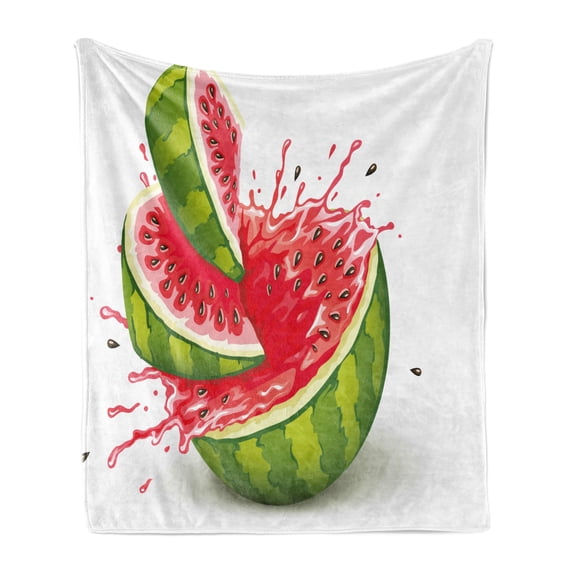 Modern Soft Flannel Fleece Throw Blanket, Summer Fruit Ripe Watermelon Cuts Splashes of Juice Drops Print, Cozy Plush for Indoor and Outdoor Use, 60" x 80", Red White and Fern Green, by Ambesonne