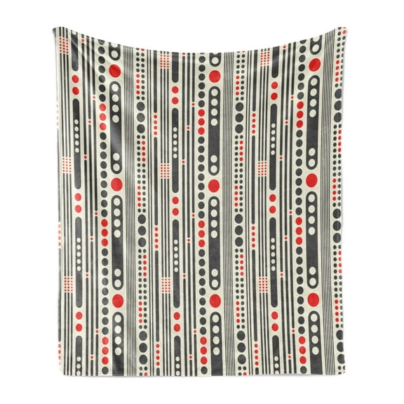 Modern Soft Flannel Fleece Throw Blanket, Vertical Stripes and Circles Minimal Geometrical Graphic Design, Cozy Plush for Indoor and Outdoor Use, 50" x 70", Charcoal Grey Scarlet, by Ambesonne
