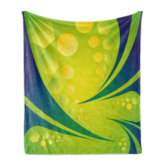Modern Soft Flannel Fleece Throw Blanket, Vivid Vibrant Brazil Flag Colored Image Geometrical Details Artwork, Cozy Plush for Indoor and Outdoor Use, 70" x 90", Pale Green and Dark Blue, by Ambesonne