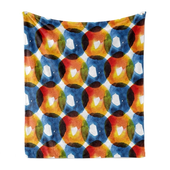 Modern Soft Flannel Fleece Throw Blanket, Watercolor Drawing of Circular Bold Ring Shapes Vibrant Flow Macro Display, Cozy Plush for Indoor and Outdoor Use, 50" x 60", Orange Blue, by Ambesonne