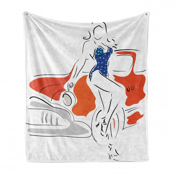 Modern Soft Flannel Fleece Throw Blanket, Woman Sketch in Polka Dots Swimwear with Vintage Car Summer Beach Artwork, Cozy Plush for Indoor and Outdoor Use, 50" x 60", Vermilion and Blue, by Ambesonne