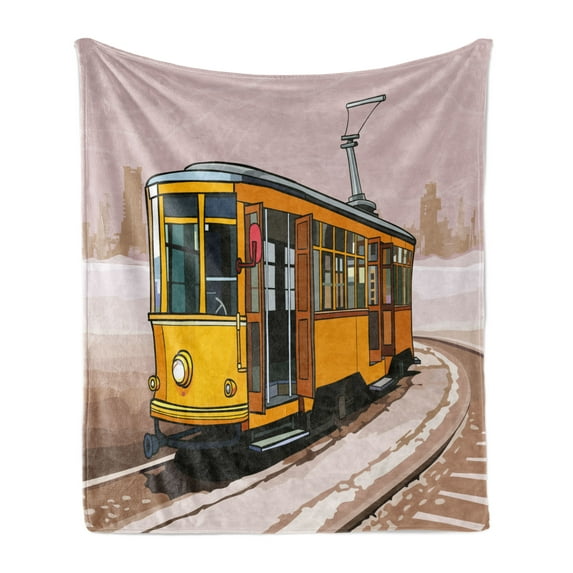 Modern Soft Flannel Fleece Throw Blanket, Yellow Train on Rail Roads Winter Scenery Old Suburban Illustration, Cozy Plush for Indoor and Outdoor Use, 50" x 60", Yellow and Pale Brown, by Ambesonne