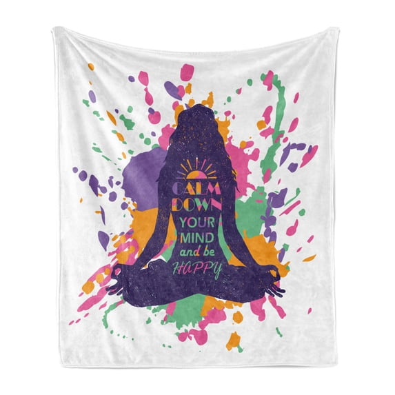 Modern Soft Flannel Fleece Throw Blanket, Yoga Posing Girl with Happy Words Calm Your Mind Themed Image, Cozy Plush for Indoor and Outdoor Use, 70" x 90", Multicolor, by Ambesonne