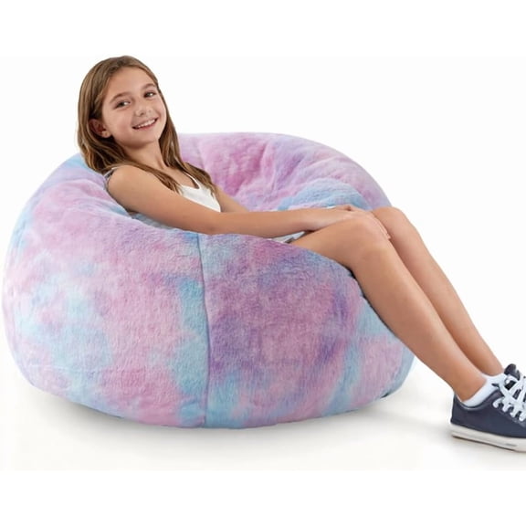 Modern Soft Fluffy Bean Bag Chair With Faux Rabbit Fur Cover, Memory Foam Bean Bag Chairs For Kids Teens, Furry Fuzzy Faux Fur Fabric Beanbag, Round Rainbow Plush Sofa For Bedroom, Living Room, Dorm
