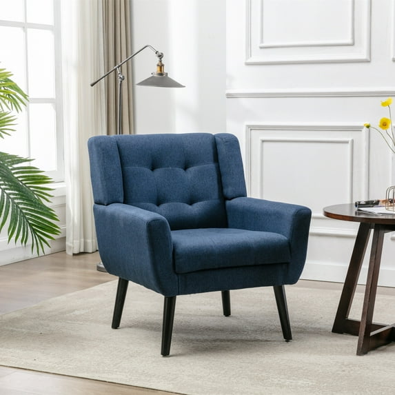 Modern Soft Linen Upholstered Tufted Chair with Thick Seat and High Back, Ergonomics Accent Sofa Chair with Solid Wood Legs, Blue