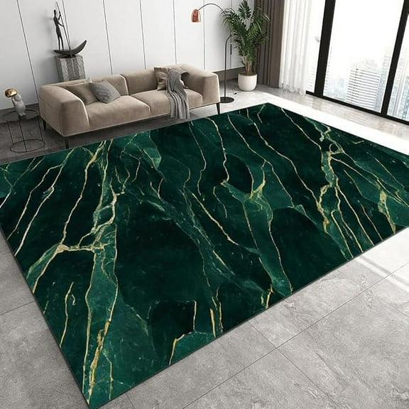 Modern Soft Low Pile Bedroom Area Rug, Emerald Marble Texture Living Room Rug, Modern Non-Slip Washable Nursery Carpet, Reading Room Outdoor Door Rug 4 x 5ft