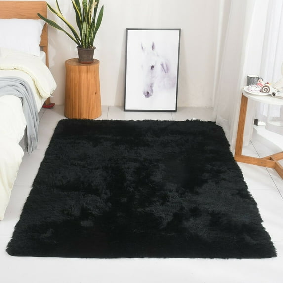Modern Soft PV Fur Area Rug, Non-Slip Fuzzy Shag, Plush Furry Floor Carpet for Bedroom, Living Room, Nursery, Solid Color 5 x 7 ft - Black