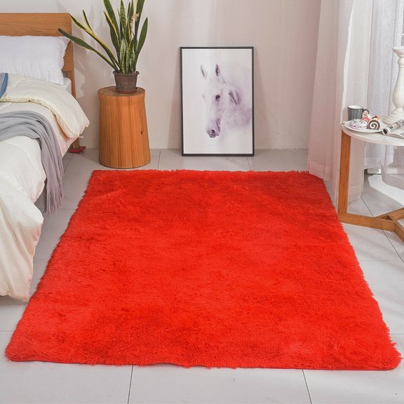 Modern Soft PV Fur Area Rug, Non-Slip Fuzzy Shag, Plush Furry Floor Carpet for Bedroom, Living Room, Nursery, Solid Color 5 x 7 ft - Red