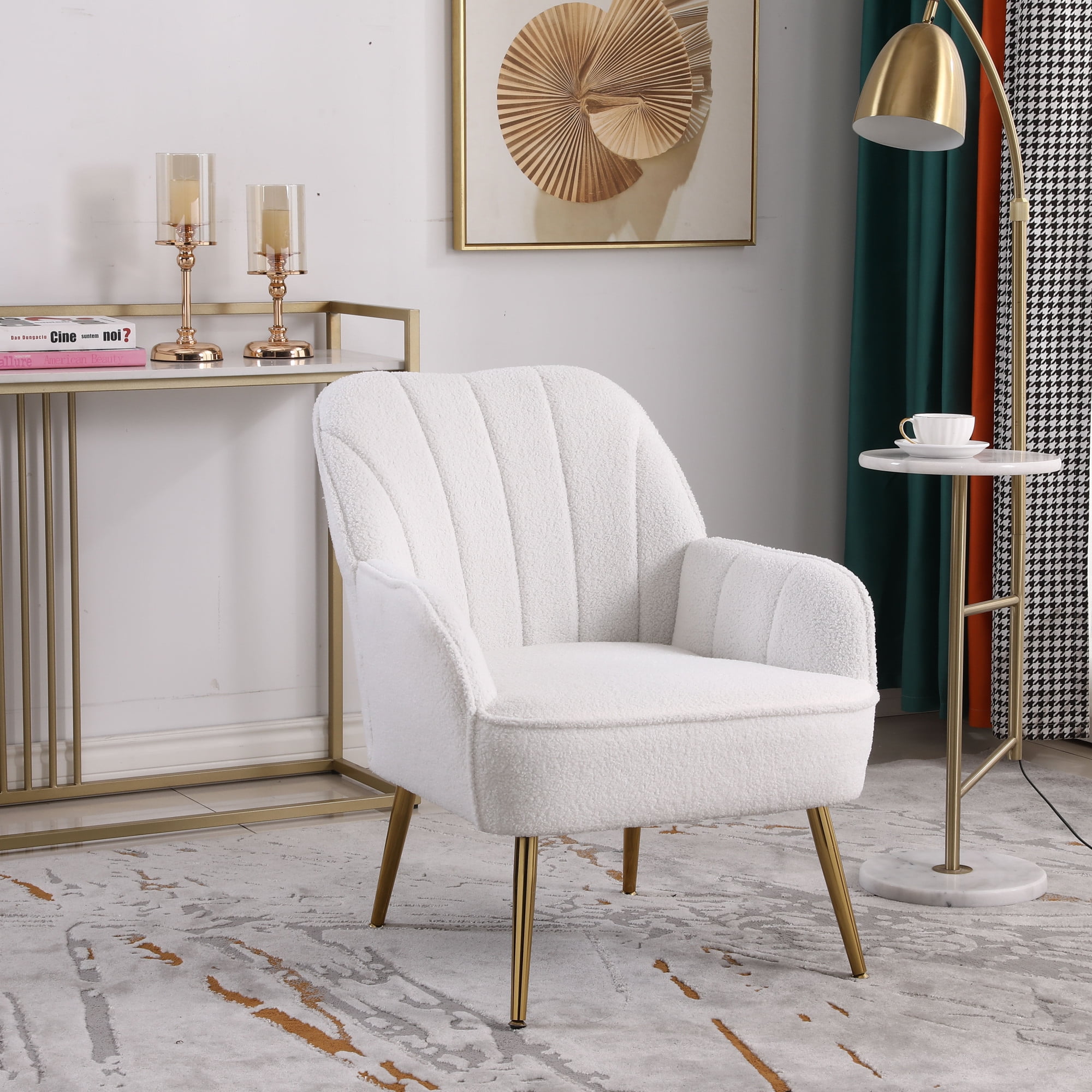 Modern Soft White Teddy fabric Ivory Ergonomics Accent Chair Living