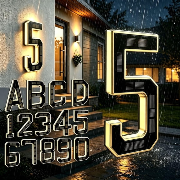 Modern Solar House Number: Choose Your Digit 0-9 & Letter A-D - 6.7-Inch Backlit LED Address Sign for Outside - 1000mAh Battery for 6-12H All Night Glow - IP54 Waterproof - 2 Easy Install Ways