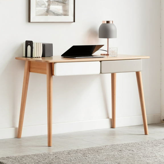 Modern Solid Beech Wood Office Desk, Simple Computer Table with 2 Drawers and Gap Design, Versatile Study or Makeup Workstation for Home or Office, Natural