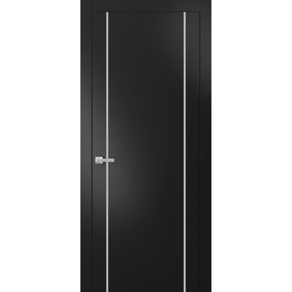 Modern Solid Interior Door with Handle | Planum 0410 Black Matte | Single Regural Panel Frame Trims | Bathroom Bedroom Sturdy Doors-30" x 96"