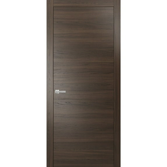 Modern Solid Interior Pre-Hung Door with Handle | Planum 0010 Chocolate Ash | Single Regural Panel Frame Trims | Bathroom Bedroom Sturdy Doors-18" x 96"