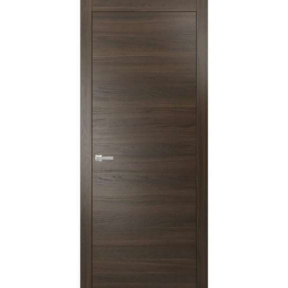 Modern Solid Interior Pre-Hung Door with Handle | Planum 0010 Chocolate Ash | Single Regural Panel Frame Trims | Bathroom Bedroom Sturdy Doors-28" x 96"