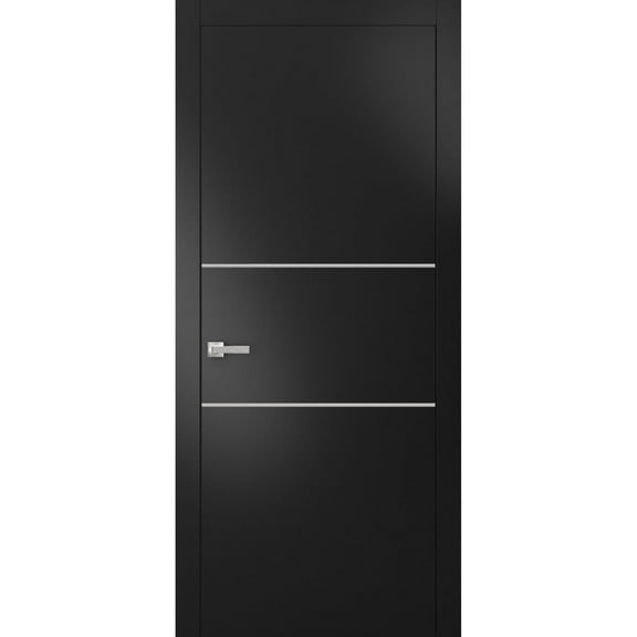 Modern Solid Interior Pre-Hung Door with Handle | Planum 0110 Black Matte | Single Regural Panel Frame Trims | Bathroom Bedroom Sturdy Doors-18" x 96"
