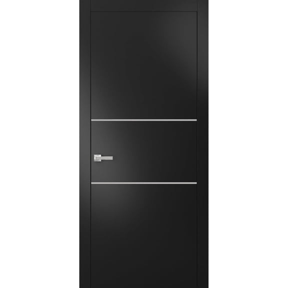 Modern Solid Interior Pre-Hung Door with Handle | Planum 0110 Black Matte | Single Regural Panel Frame Trims | Bathroom Bedroom Sturdy Doors-24" x 84"
