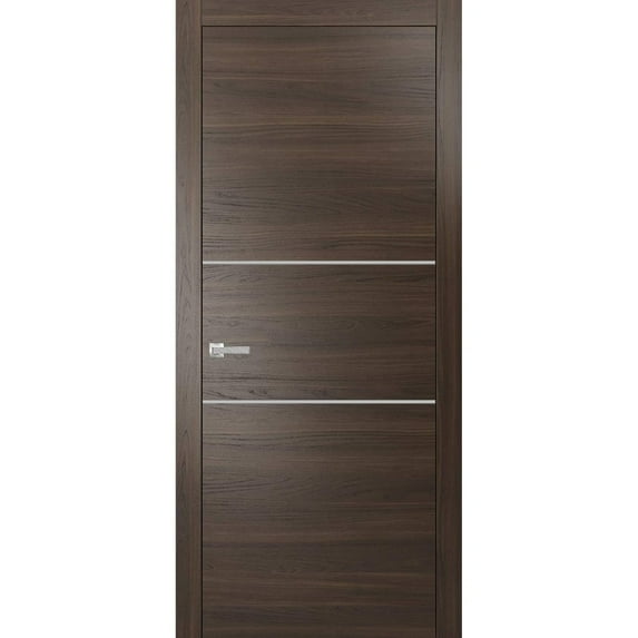 Modern Solid Interior Pre-Hung Door with Handle | Planum 0110 Chocolate Ash | Single Regural Panel Frame Trims | Bathroom Bedroom Sturdy Doors-32" x 80"