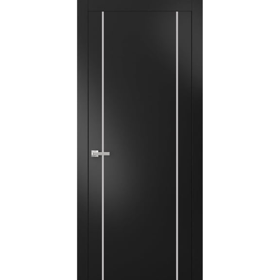 Modern Solid Interior Pre-Hung Door with Handle | Planum 0410 Black Matte | Single Regural Panel Frame Trims | Bathroom Bedroom Sturdy Doors-30" x 80"