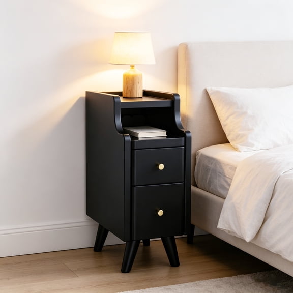 Modern Solid Oak Narrow Bedside Table with 2 Drawers - Black, 2-Pack