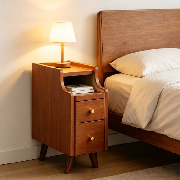 Modern Solid Oak Narrow Bedside Table with 2 Drawers - Walnut, 1-Pack