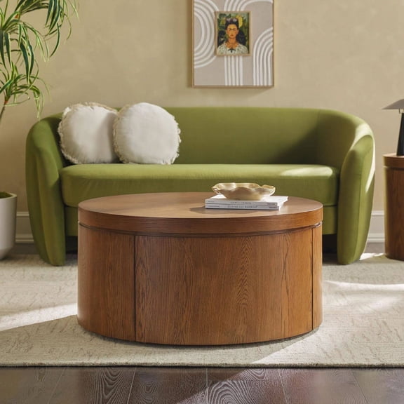 Modern Solid Oak Wood Veneer Coffee Table with Storage, 36 Inch, Medium Brown